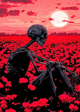 Skeleton in Red Flower Field