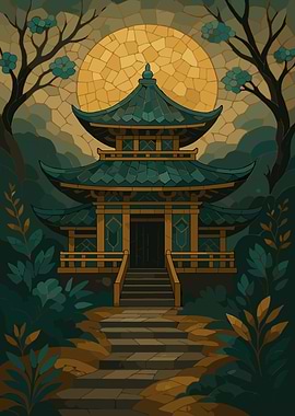 Asian Temple in Forest Mosaic Style
