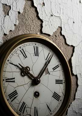 Cracked Clock on Peeling Wall