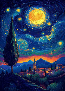 Starry Night Inspired Village Landscape