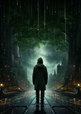 Lone Hooded Figure in Rain