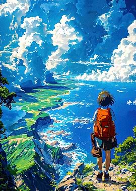 Anime Hiker Overlooking Coastal