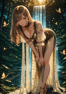 Anime Girl in Forest with Waterfall