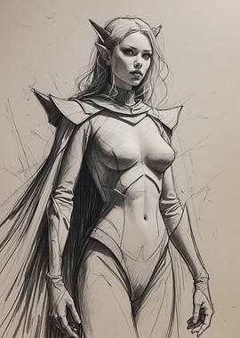 Elven Warrior Pencil Sketch — Regal Female Elf in Armor and Cape