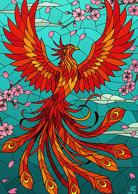 Phoenix and Cherry Blossoms Stained Glass