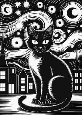 Black Cat in Starry Night Cityscape