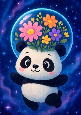 Panda with Flowers in Space Bubble