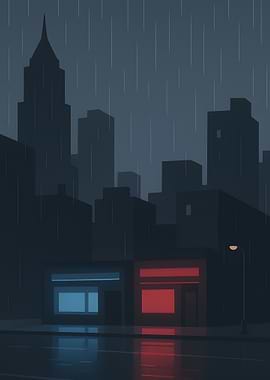 Rainy Cityscape with Neon Storefronts