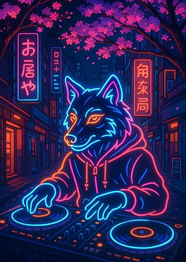 Neon Wolf DJ in Tokyo Street