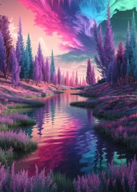 Colorful River Landscape with Trees