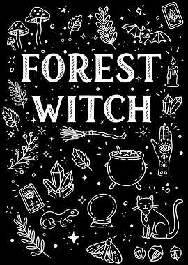 Forest Witch Black and White Illustration