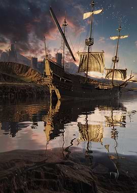 Old Sailing Ship on Calm Water