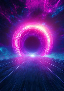 A vibrant cosmic portal at the end of a futuristic road