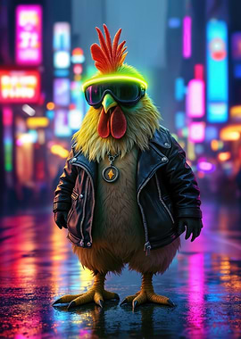 Cyberpunk Chicken in Cityscape