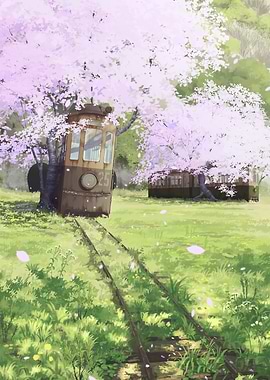 Abandoned Train Carts with Cherry Blossoms