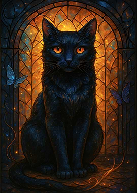 Elegant Black Cat with Butterflies