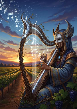 Mystical Harpist in Vineyard at Sunset