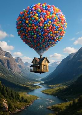House Floating with Balloons over Landscape