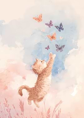 Watercolor Cat Chasing Butterflies