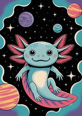 Axolotl in Space Cartoon Illustration