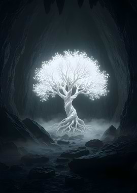 Glowing Tree in Dark Cave