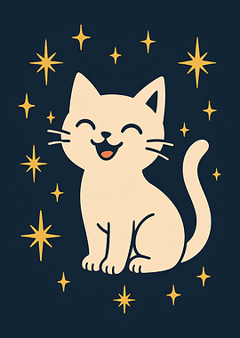 Smiling Cat with Stars Illustration