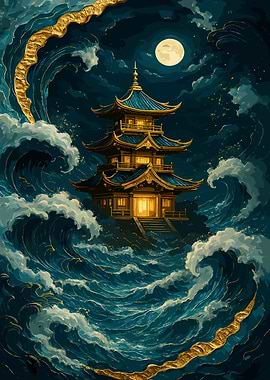 Pagoda Amidst Ocean Waves at Night