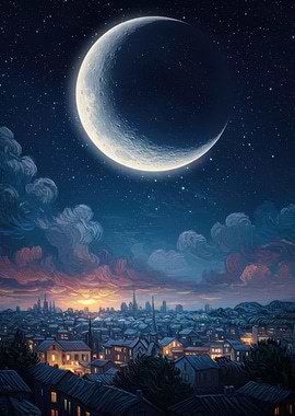 Crescent Moon Over Cityscape at Night