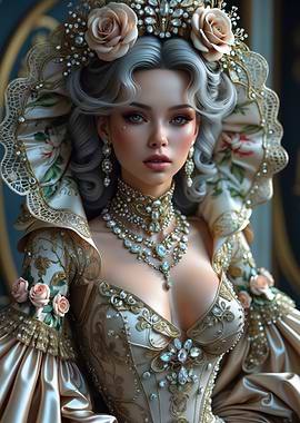 Rococo Noblewoman Portrait — Luxurious Baroque Fashion Illustration