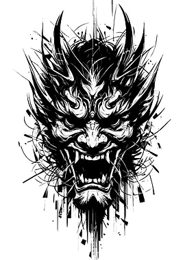 Black and White Oni Mask Illustration
