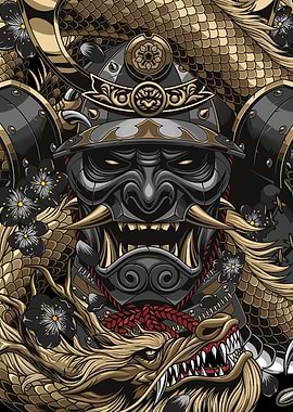 Samurai Mask with Dragon Illustration