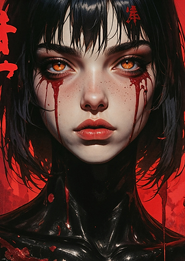 Crimson Tears Maiden: Intense Gaze of the Cyberpunk Samurai Girl