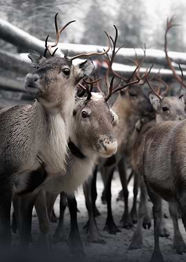 Reindeer Herd in Winter Landscape