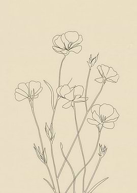 Floral Line Art on Beige Background