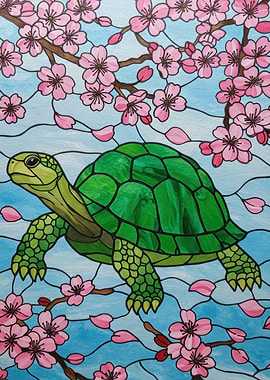 Turtle and Cherry Blossoms Art