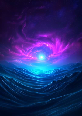 A cosmic storm over a glowing sea of otherworldly waves