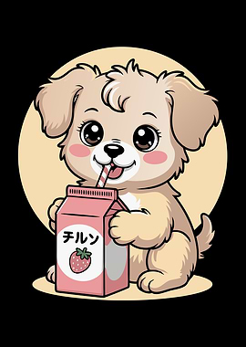 Cute Puppy Drinking Strawberry Milk