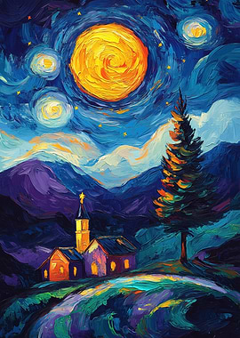 Starry Night Landscape with Church