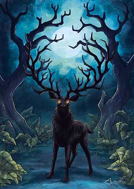 Mystical deer in moonlight forest