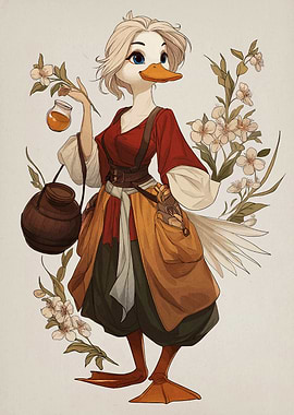 Anthropomorphic Duck Character with Floral Accents
