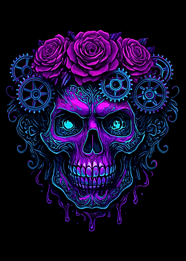 Neon Skull with Roses and Gears