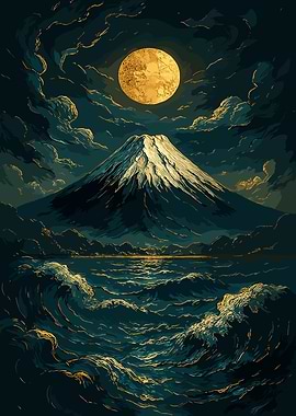 Mountain, Moon, and Ocean Landscape