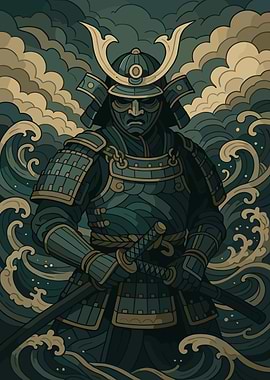Samurai Warrior in Teal and Gold