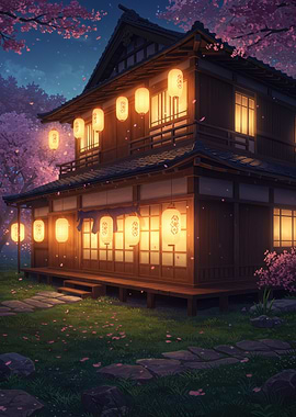 Japanese house with lanterns and cherry blossoms