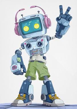 Cartoon Robot with Headphones and Peace Sign