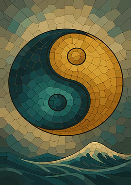 Yin Yang Mosaic Over Ocean Waves