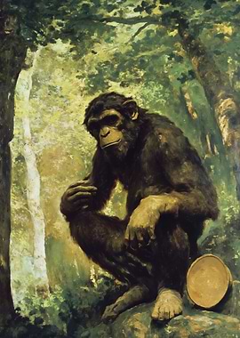 Contemplative Chimpanzee in Forest Painting