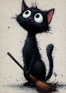 Cartoon Black Cat with Broom