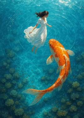 Underwater Dream: Woman and Koi Fish