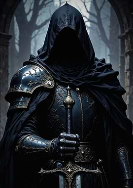 Mysterious Dark Knight of the Forsaken Realm: Hooded Warrior of Shadow and Steel